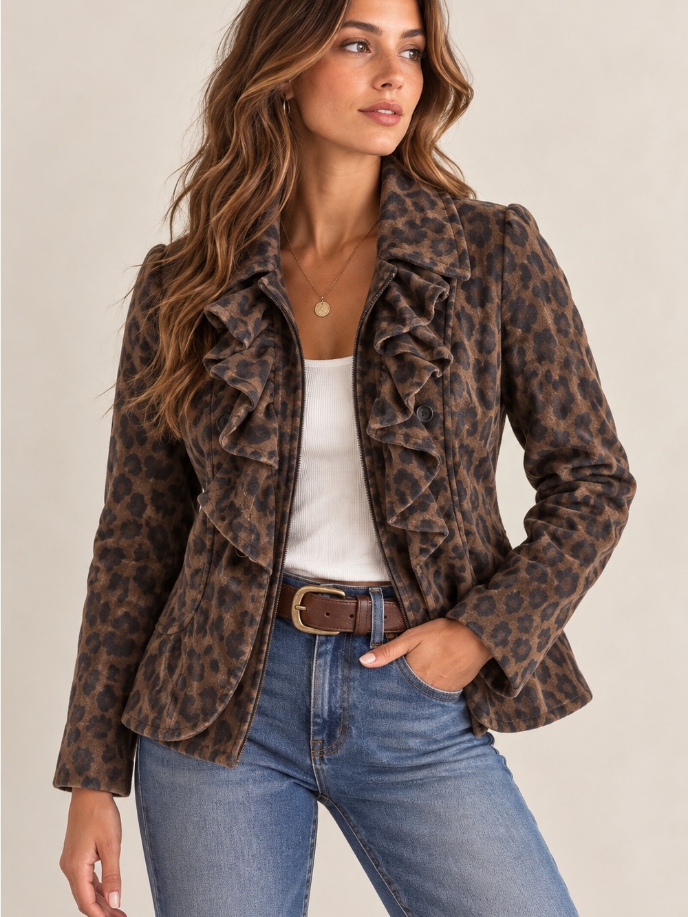 INC Leopard Faux Fur Ruffle Jacket Brown Animal Print 3X